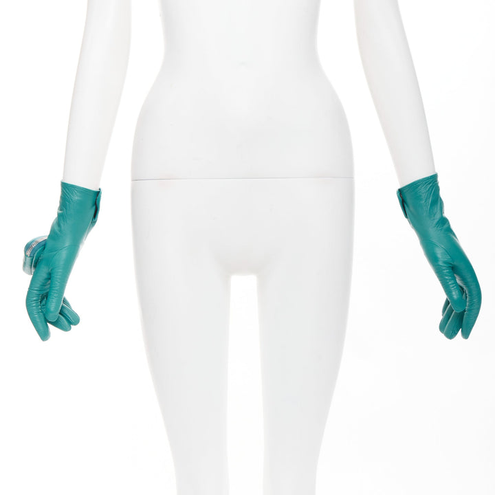PRADA Raf Simons 2021 Runway teal lambskin leather triangle pouch gloves Sz7