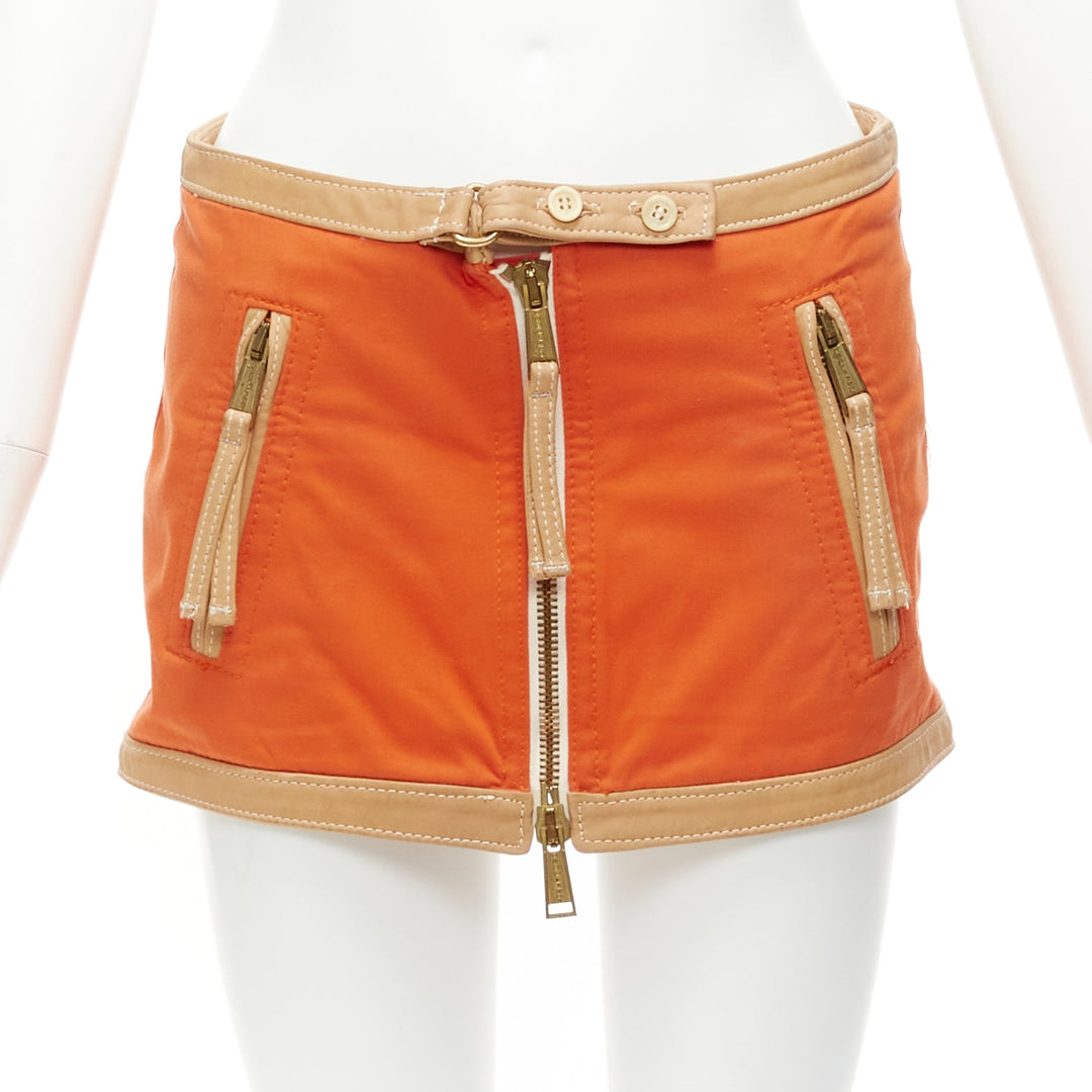 DSQUARED2 orange beige canvas leather zip front pocket mini skirt IT38 XS