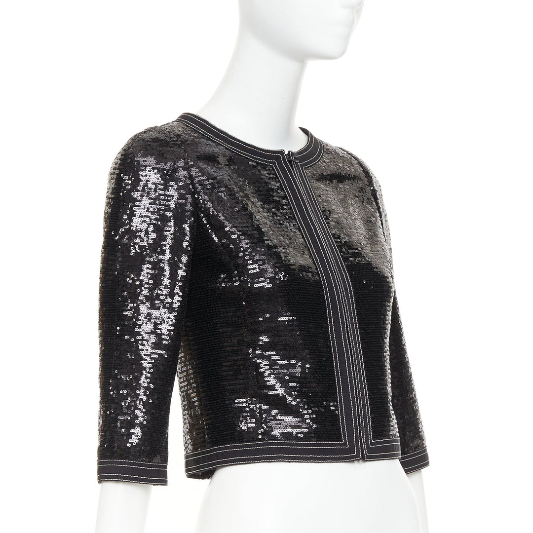 CHANEL 13C Paris Versailles black sequin embellished cropped zip jacket FR36 S