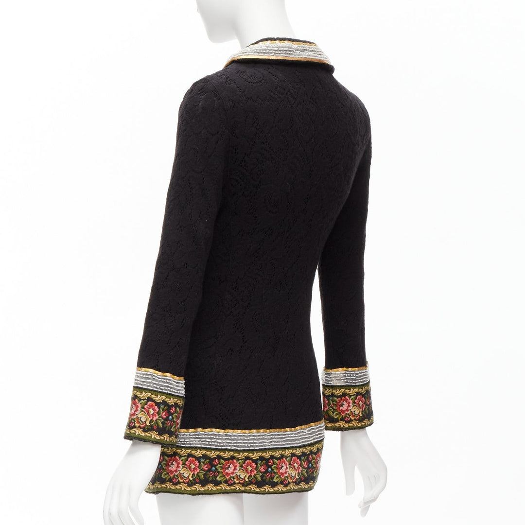 VOYAGE INVEST IN THE ORIGINAL LONDON red green beaded floral black wool coat L