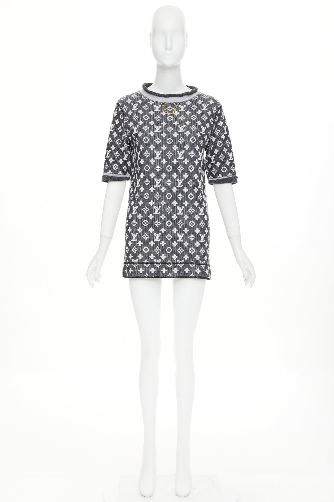 LOUIS VUITTON 2023 grey cream wool cotton LV monogram chain collar mini dress XS