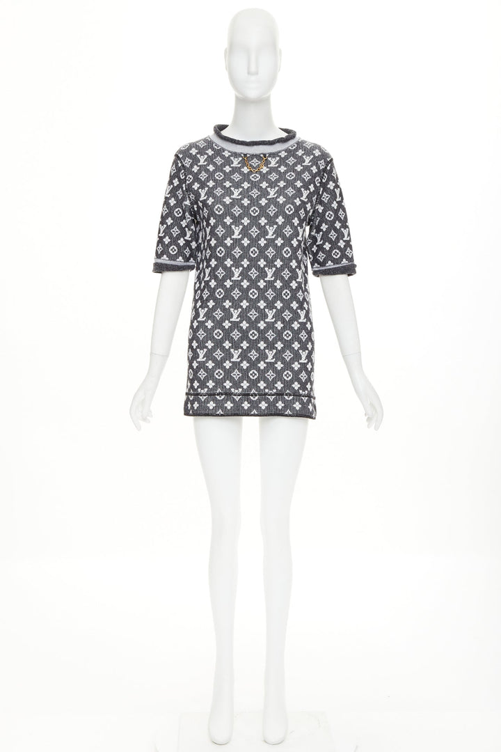LOUIS VUITTON 2023 grey cream wool cotton LV monogram chain collar mini dress XS