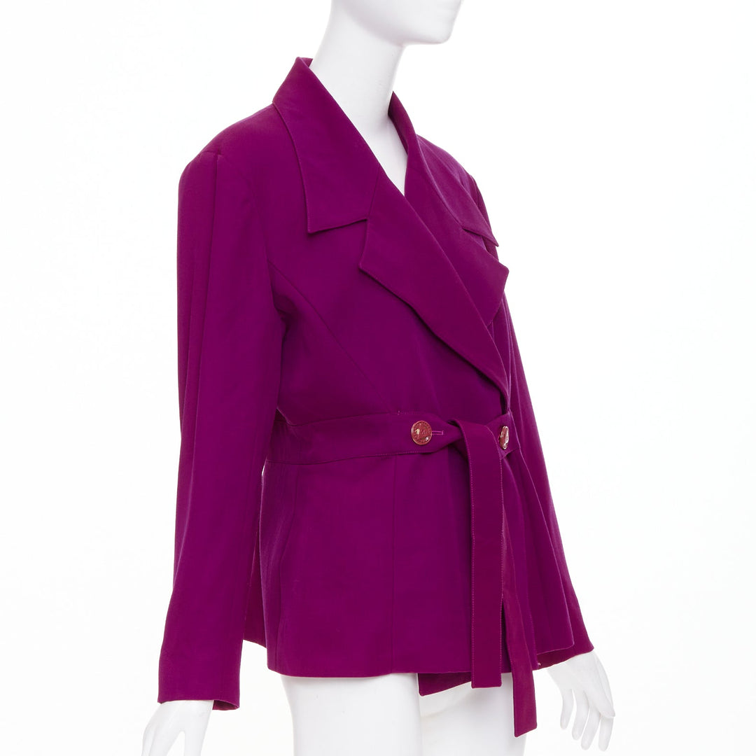 KARL LAGERFELD Vintage purple magenta wool wide lapel belt wrap jacket FR44 2XL