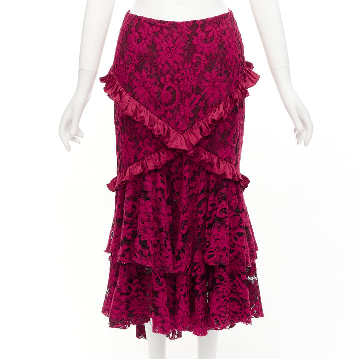ROMANCE WAS BORN red cotton silk blend floral lace bias ruffle midi skirt AUS8 S