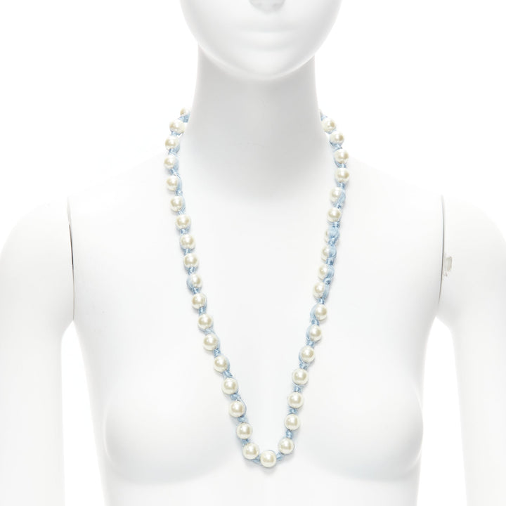 LANVIN ALBER ELBAZ cream pearl blue silk ribbon wrap long necklace