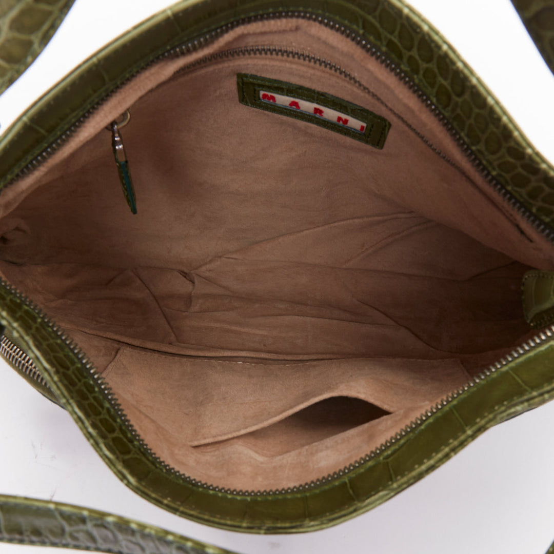 MARNI olive green croc embossed leather front zip pocket satchel bag