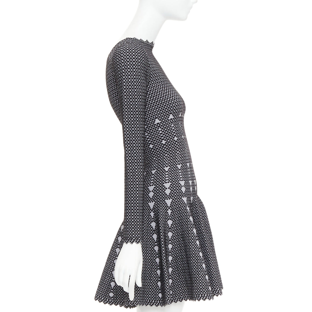 ALAIA black grey virgin wool blend dot graphic skater fit flared dress FR36 S