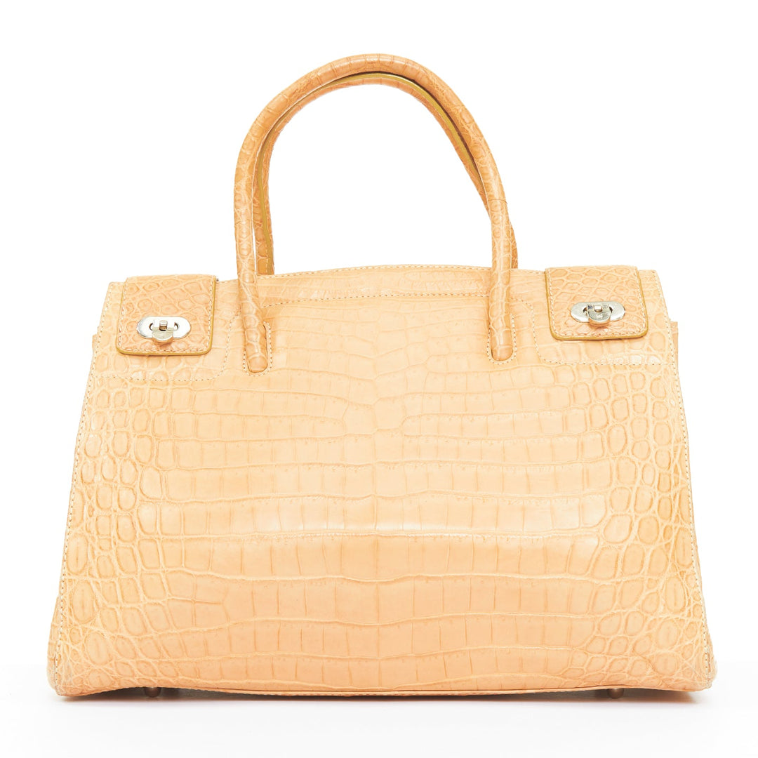 KWANPEN beige croc leather silver turnlock top handle executive tote bag
