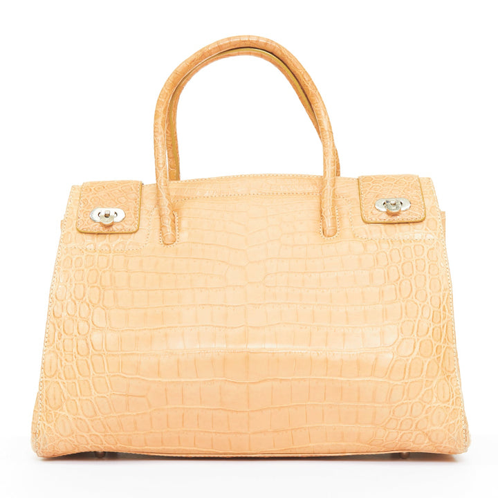 KWANPEN beige croc leather silver turnlock top handle executive tote bag