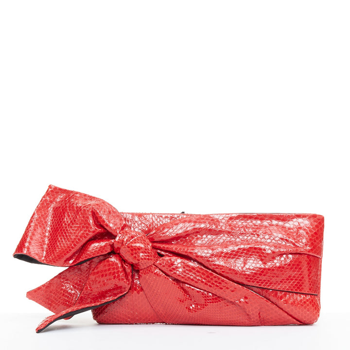 VALENTINO red glossy scaled leather oversized bow top zip evening clutch bag