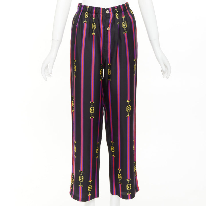 GUCCI Garden 100% silk black purple yellow equestrian GG buckle pajama pants XS