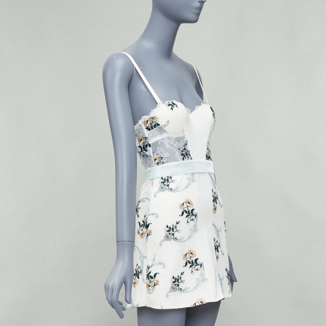 LA PERLA Hampton Court cream mint green silk floral lace mini dress IT38B XS