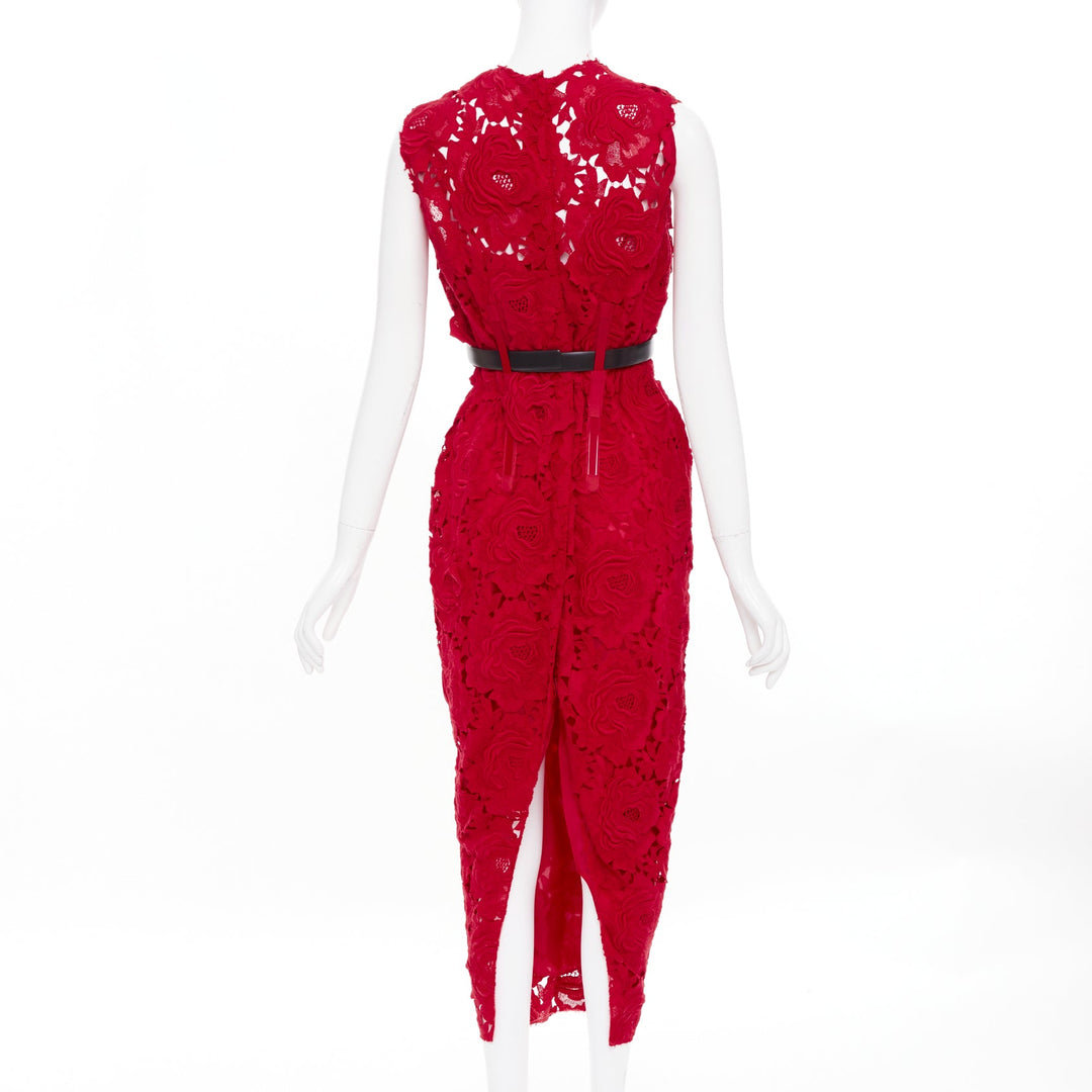 PRADA 2022 Runway red rose blooming guipure lace open back sheath dress IT40