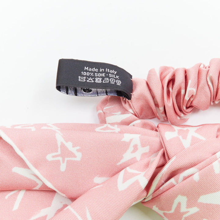 CHANEL 2022 100% silk pink white CC star print hair ribbon scrunchie