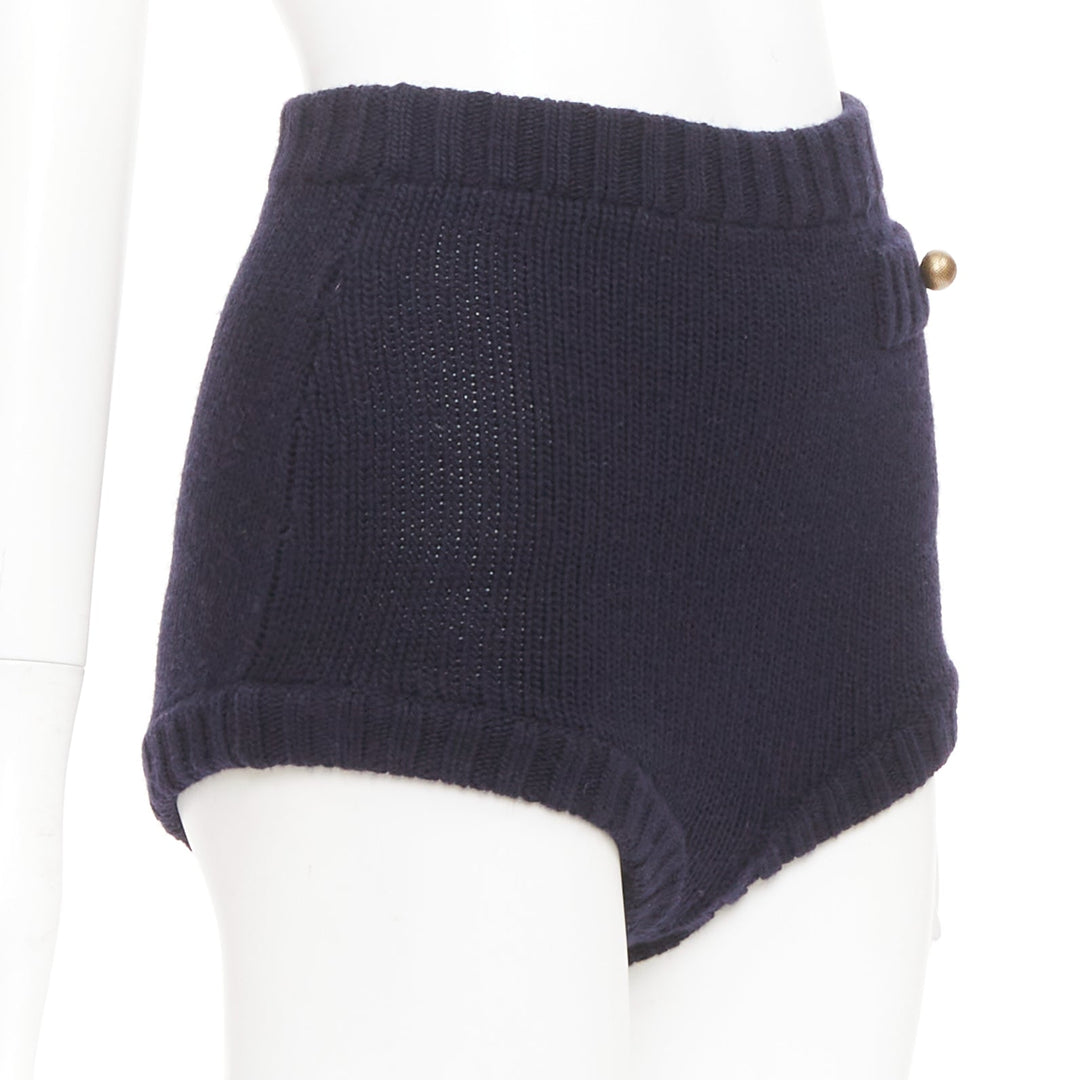CHLOE 2024 Runway classic navy wool cashmere blend button knit mini shorts XS