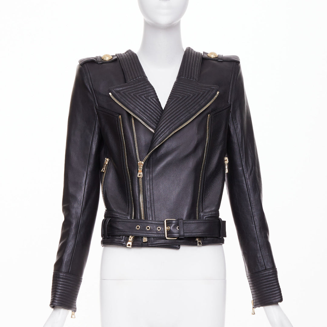 BALMAIN 2020 black quilted lambskin asymmetric perfecto biker jacket FR34 XS