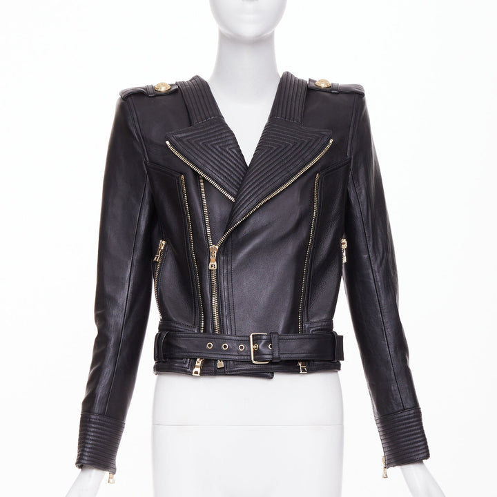 BALMAIN 2020 black quilted lambskin leather belted perfecto biker jacket FR34 XS