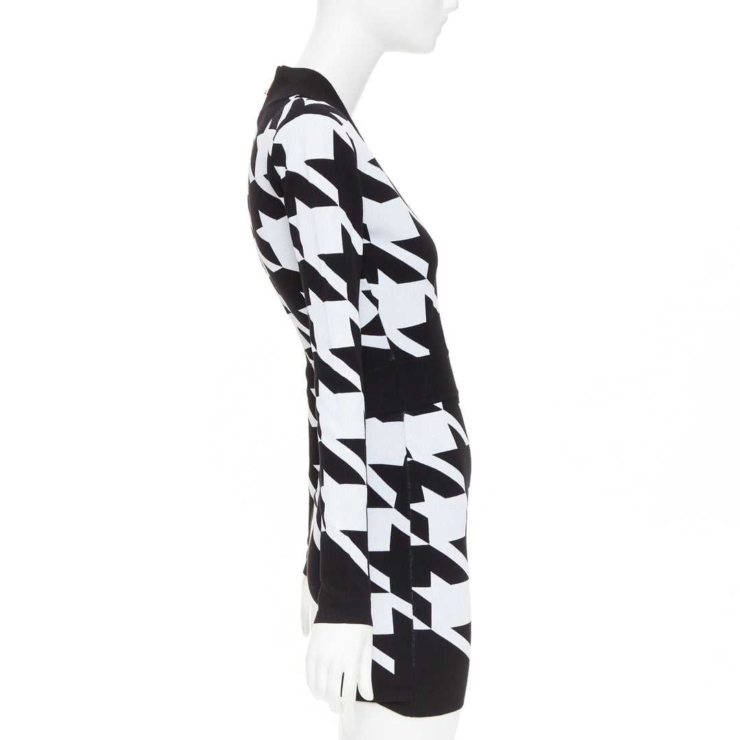 BALMAIN Houndstooth Mini black white bold print jacquard padded dress FR36 S