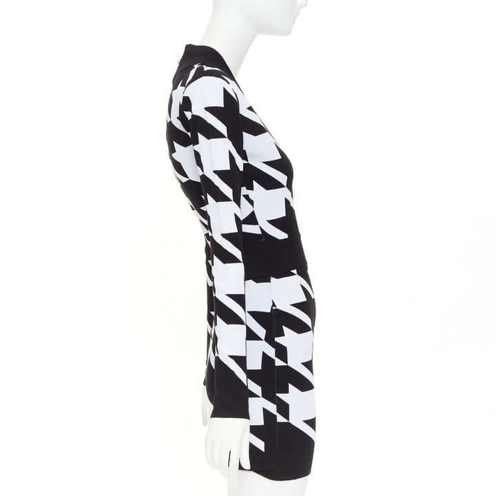 BALMAIN Houndstooth Mini black white bold print jacquard padded dress FR36 S