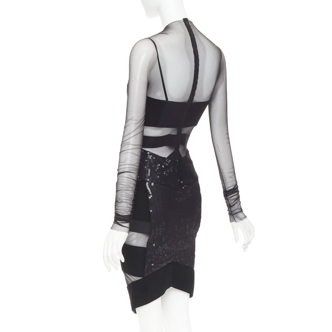 ALEXANDRE VAUTHIER COUTURE Runway black sheer panel sequin cut out boned dress