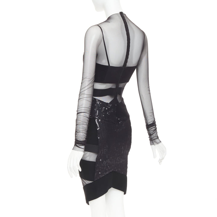 ALEXANDRE VAUTHIER COUTURE Runway black sheer panel sequin cut out boned dress
