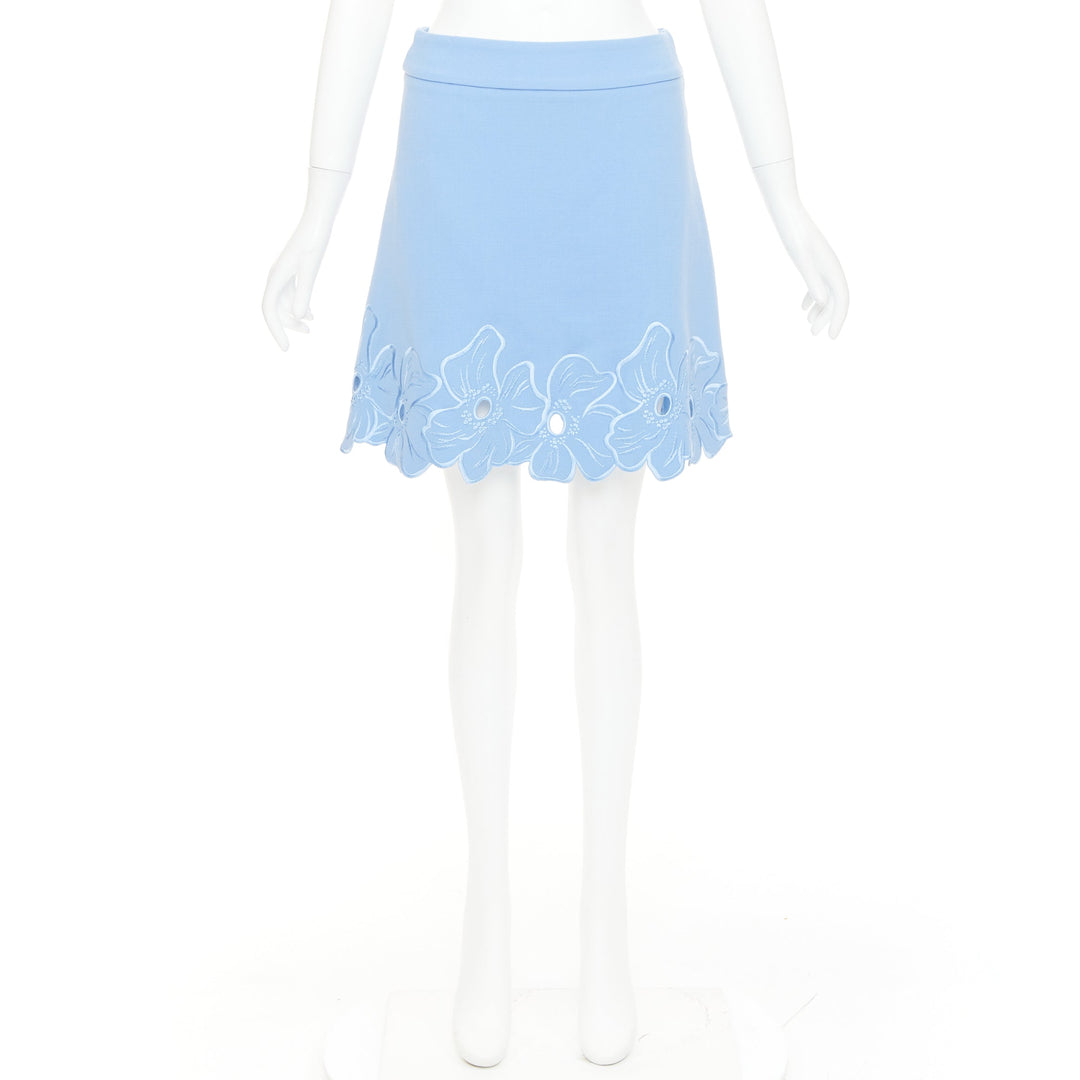 CHRISTIAN DIOR powder blue wool crepe floral cutout embroidered hem skirt FR38 M