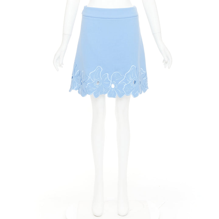 CHRISTIAN DIOR powder blue wool crepe floral cutout embroidered hem skirt FR38 M