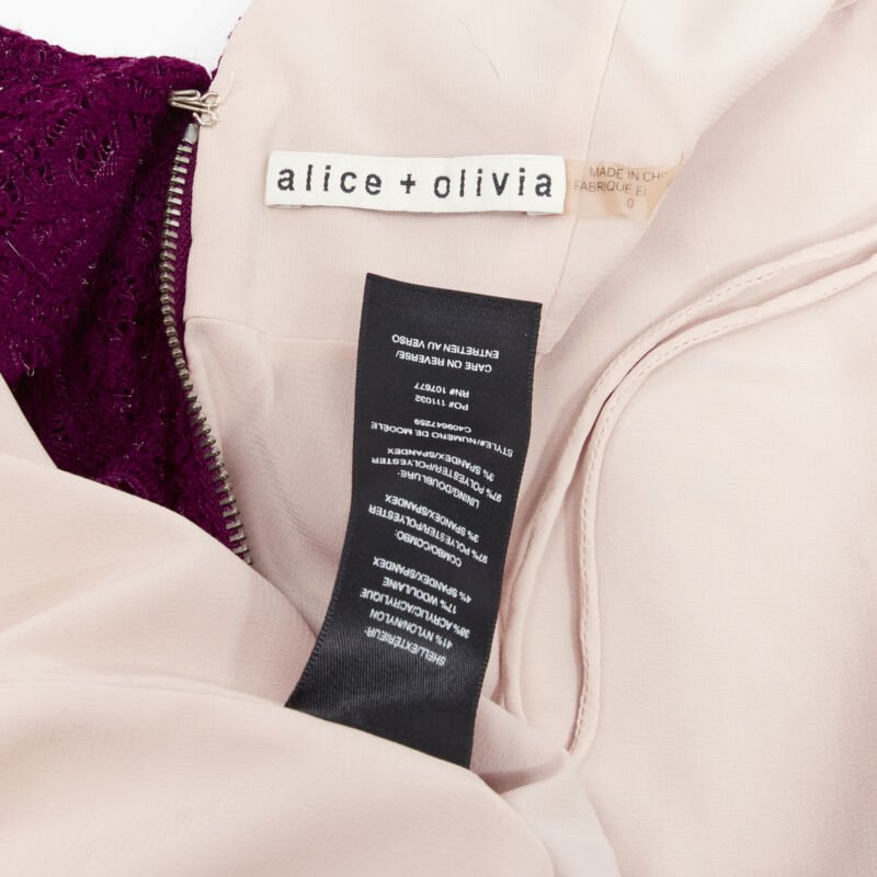 ALICE OLIVIA purple lace nude lining front slit formal dress US0