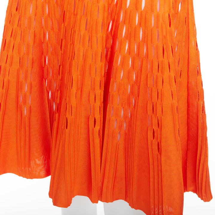 DIOR orange viscose blend perforated knit cream silk line fit flare dress FR38 M
