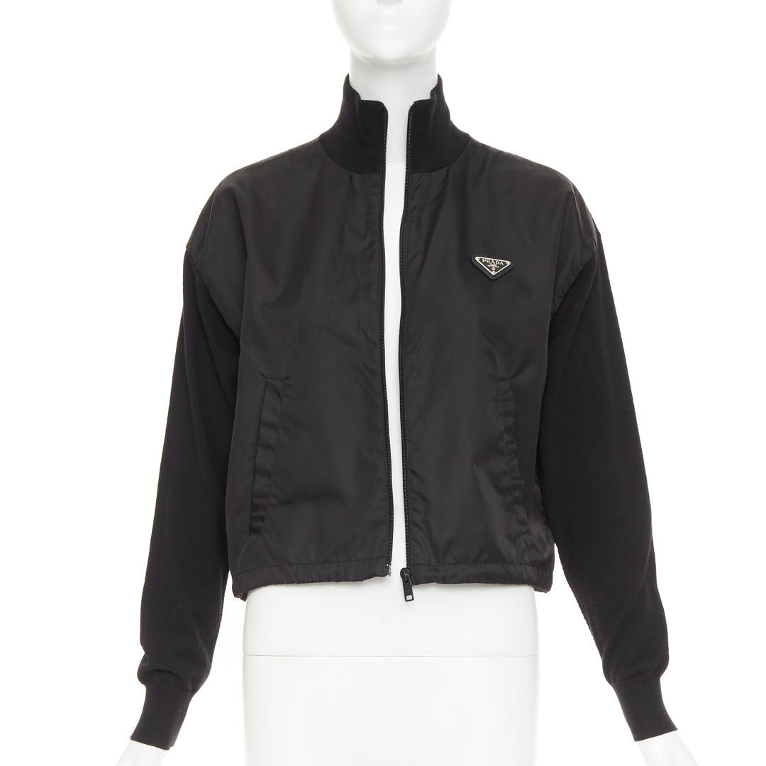 PRADA 2021 black Re Nylon wool silver plague logo high neck zip jacket IT38 XS