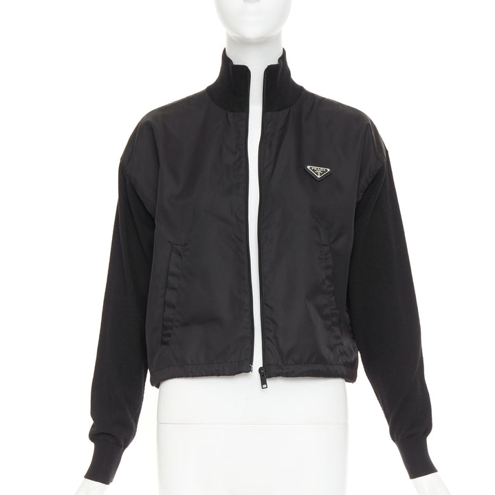 PRADA 2021 black Re Nylon wool silver plague logo high neck zip jacket IT38 XS