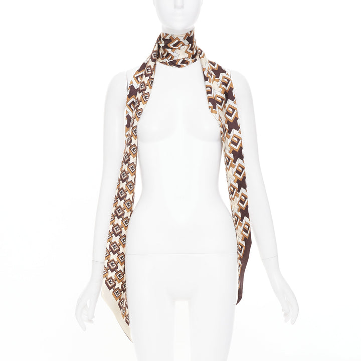 GUCCI 2018 brown geometric graphic block g monogram print silk wrap scarf