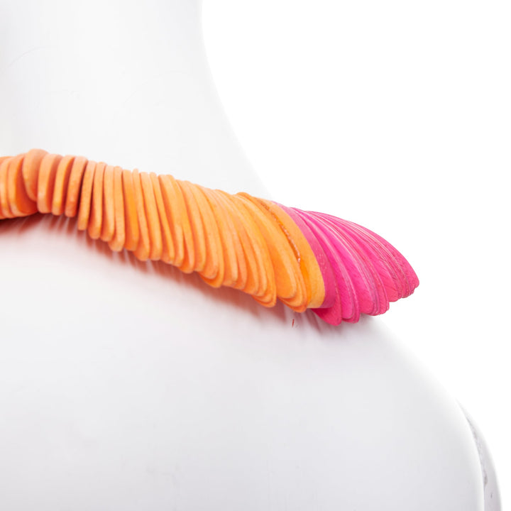 MONIES Gerda Lynggaard orange pink wood disc sculptural statement bib necklace