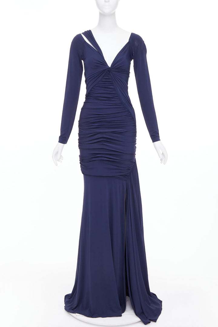 DONNA KARAN navy cold shoulder lunge neck draped grecian gown dress L