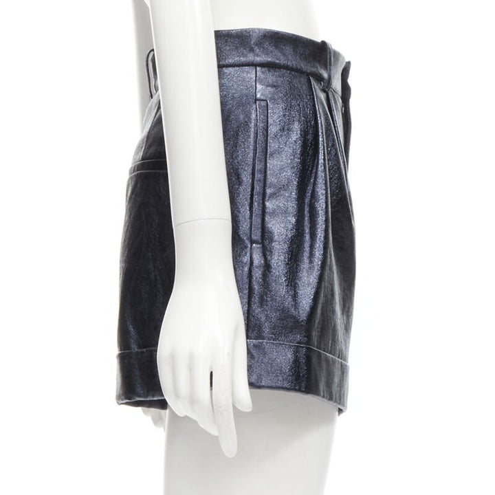 ALICE OLIVIA blue metallic faux leather cuffed high waisted shorts US0 XS