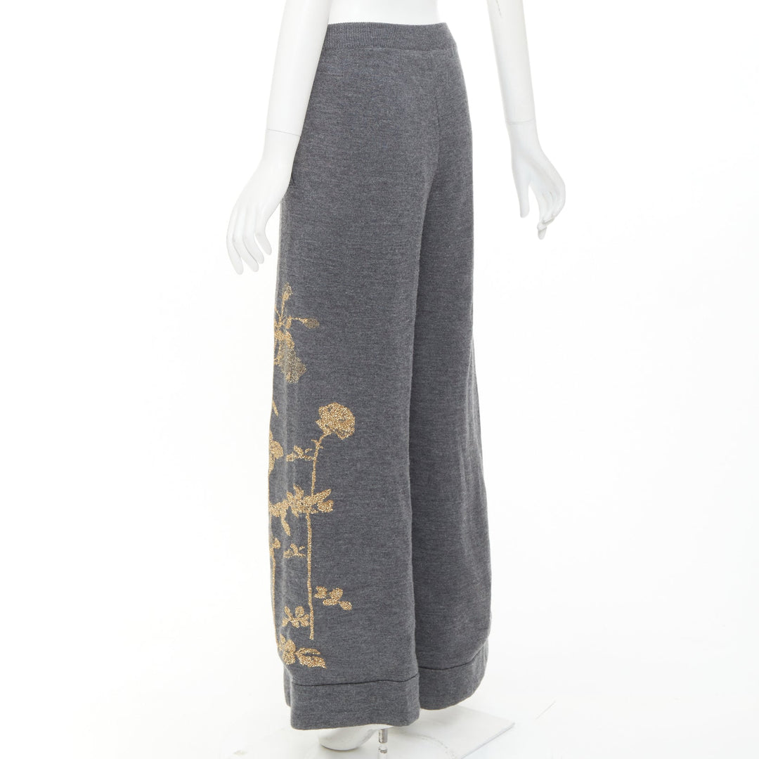 DRIES VAN NOTEN 2017 grey merino wool gold metallic floral intarsia wide pants S