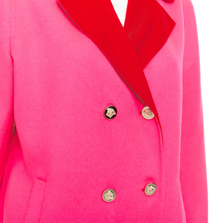 VERSACE pink red colorblock contrast lapel gold Medusa double breasted coat L