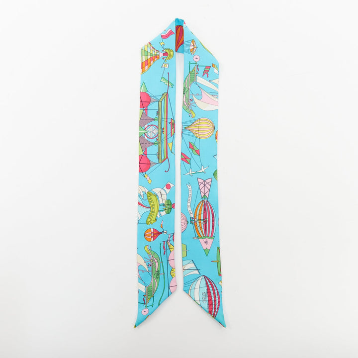 HERMES 2022 Les Folies du Ciel silk twill hot air balloon twilly scarf blue