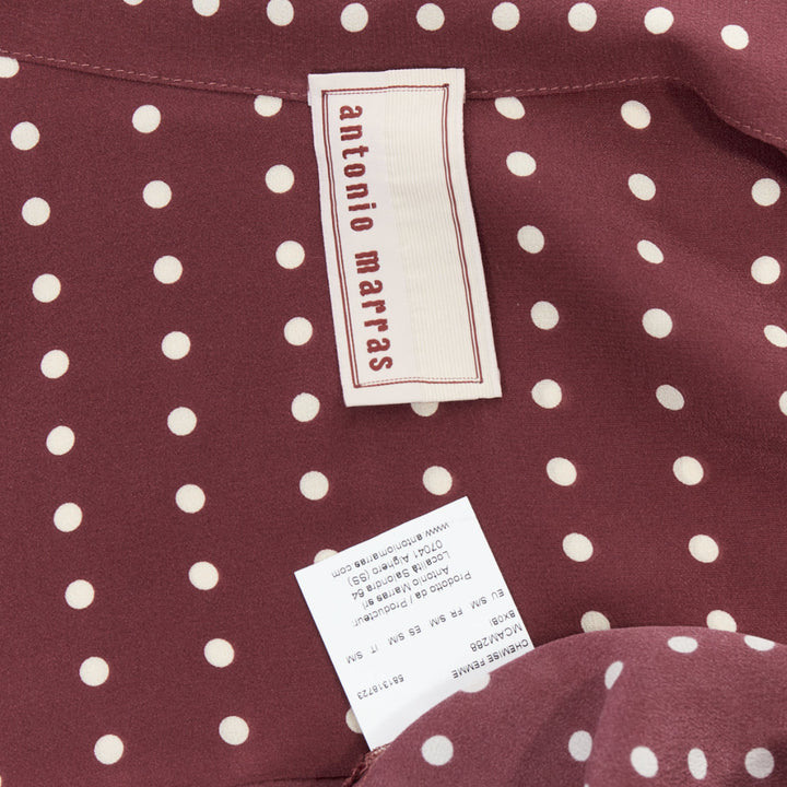 ANTONIO MARRAS 100% silk burgundy polka dot curved hem shirt M