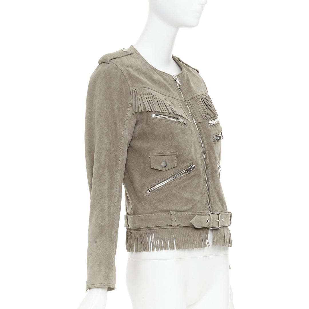 THE KOOPLES taupe cow suede leather western fringe belted biker jacket M