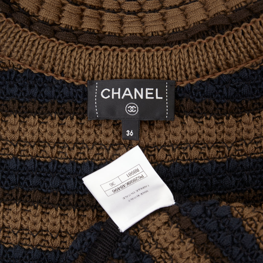 CHANEL striped textured knit brown navy wool cotton jacket FR36 S