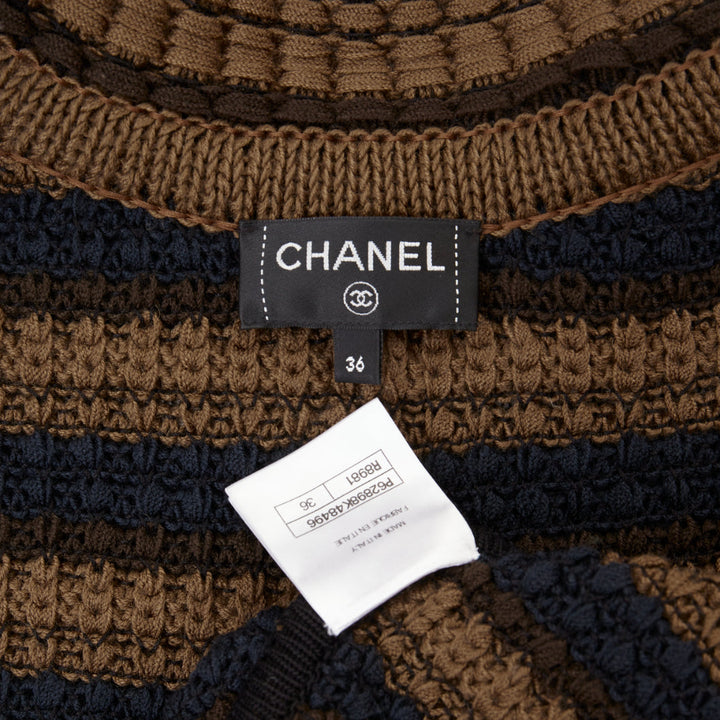 CHANEL striped textured knit brown navy wool cotton jacket FR36 S