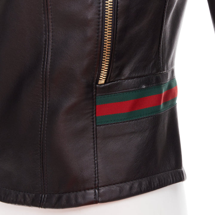 GUCCI Vintage black leather green red web moto biker jacket IT38 XS