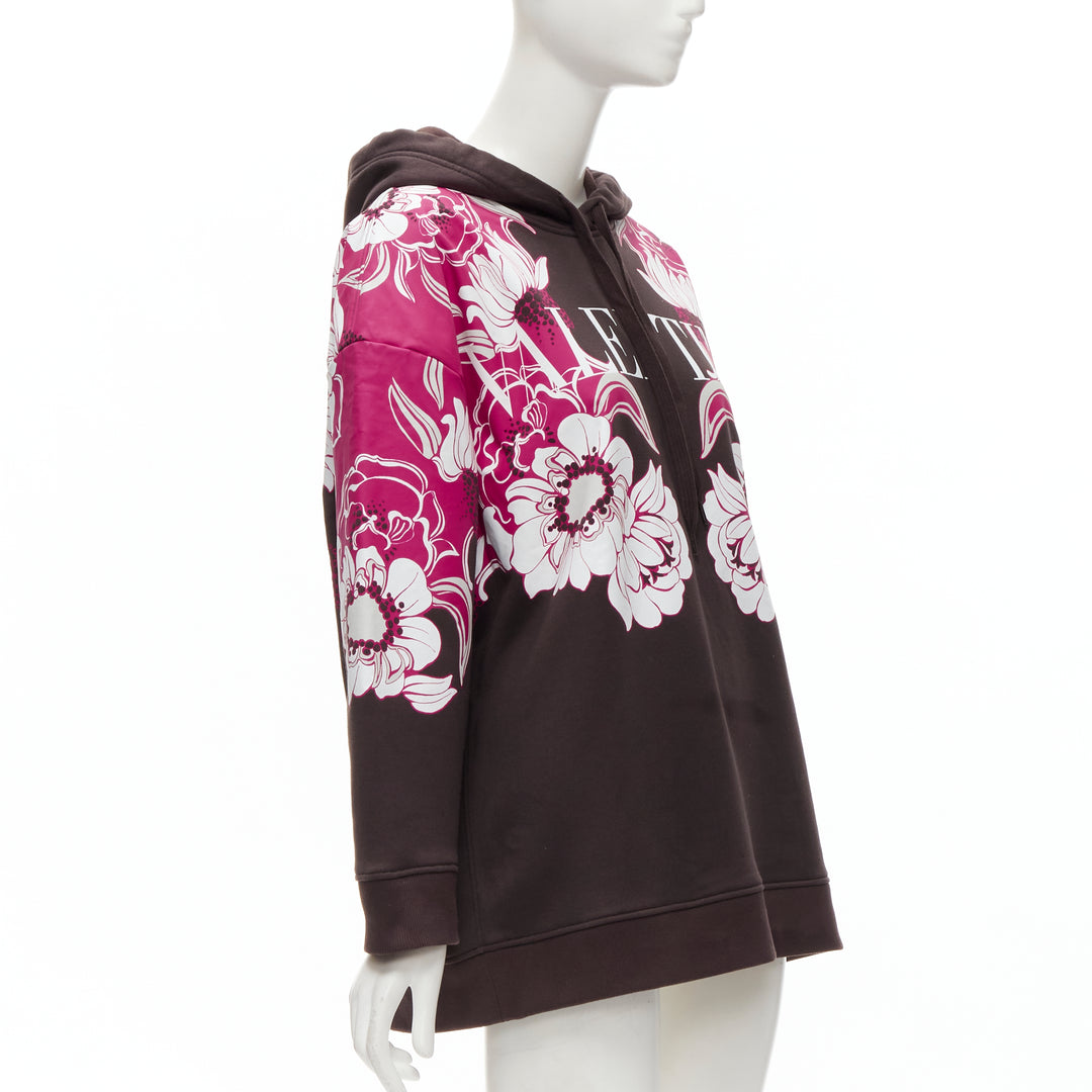 VALENTINO 2022 brown pink floral logo print cotton oversized hoodie S
