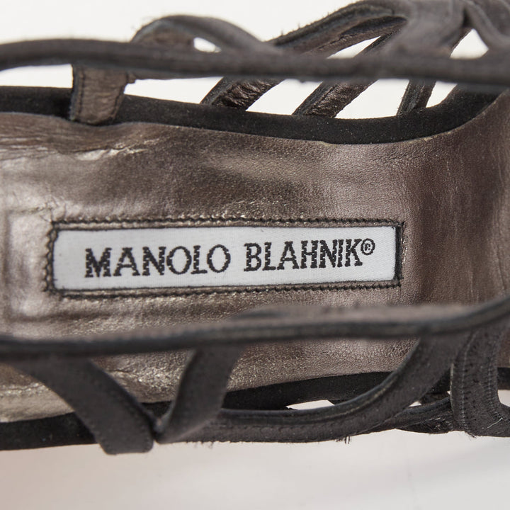 MANOLO BLAHNIK black satin abstract loop caged stiletto sandals EU37
