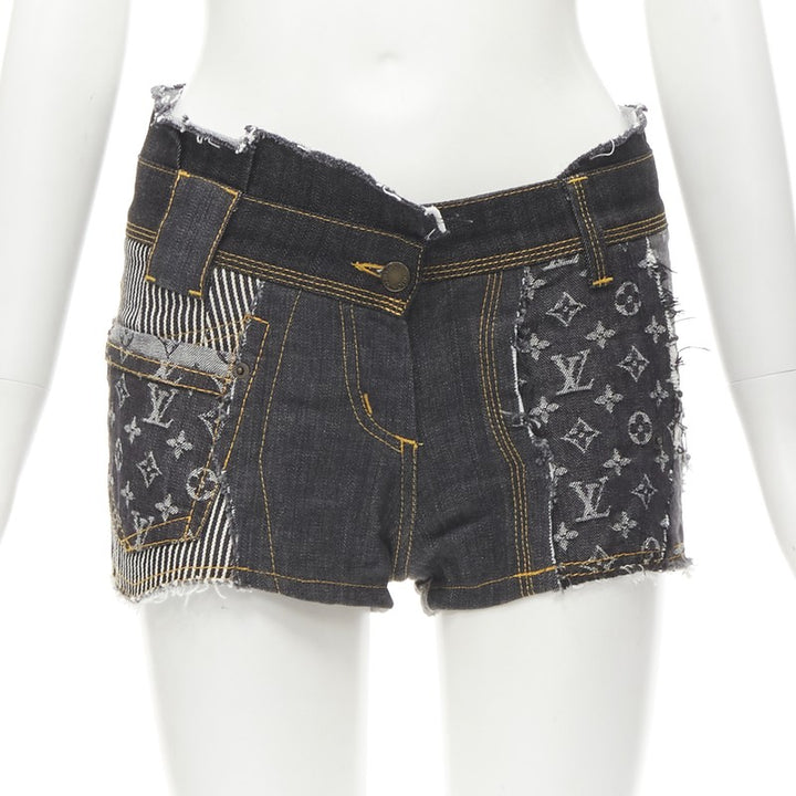 rare LOUIS VUITTON LV mongram jacquard raw cut patchwork shorts FR36 S