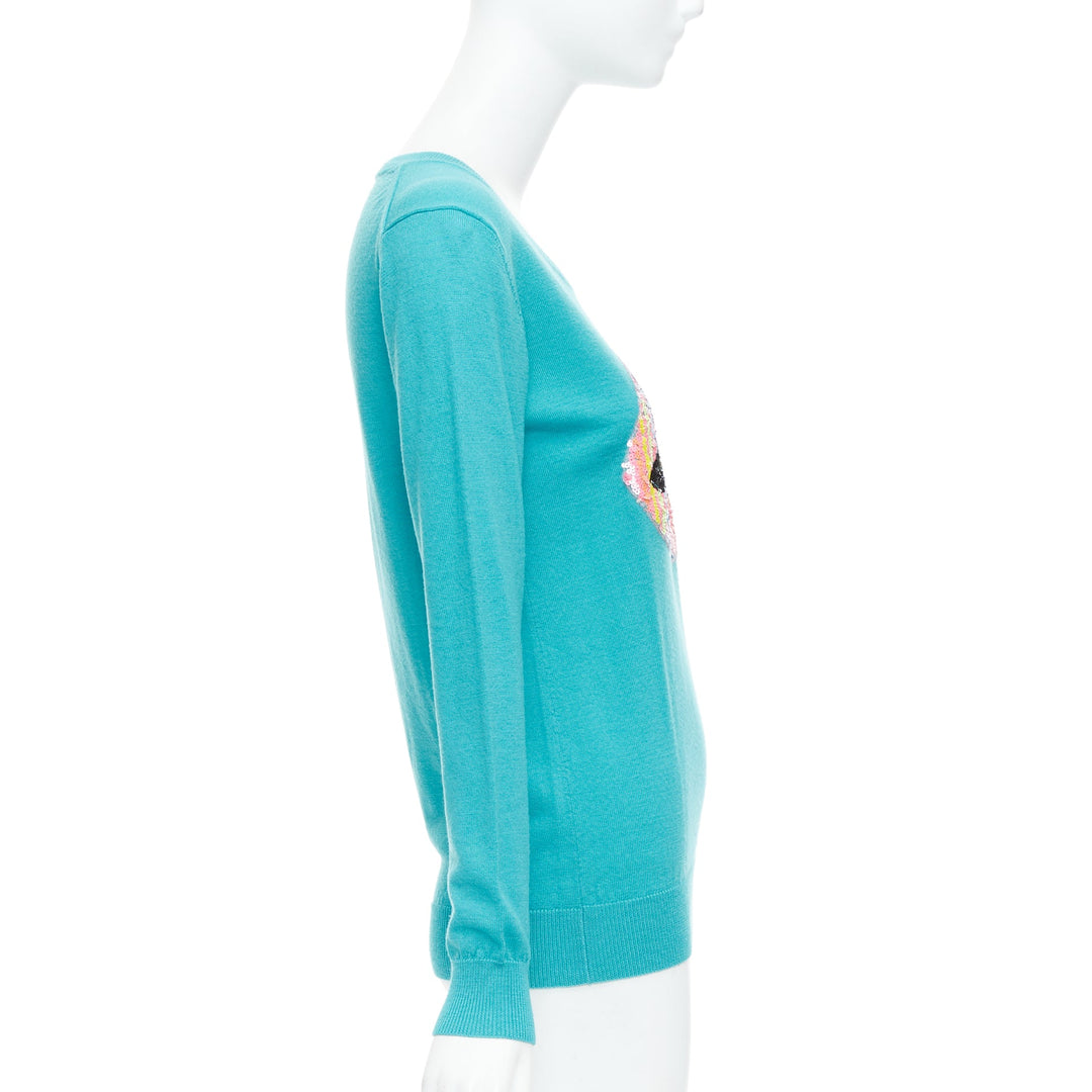 MARKUS LUPFER teal merino wool multicolor sequin lip sweater S