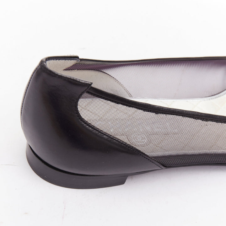 CHANEL 2009 G26433 black sheer mesh leather camellia CC ballerina flats EU37.5