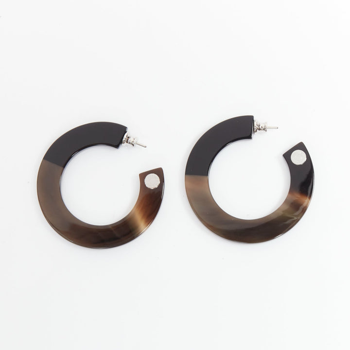 HERMES brown black buffalo horn palladium hoop pin earrings Pair