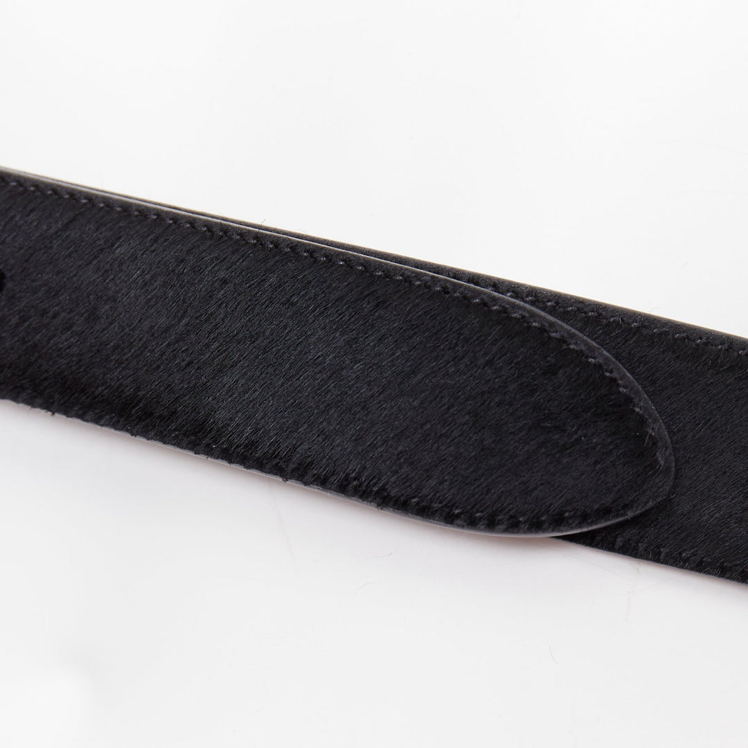 SAINT LAURENT gold tone hammered heart buckle black calf hair belt 80cm